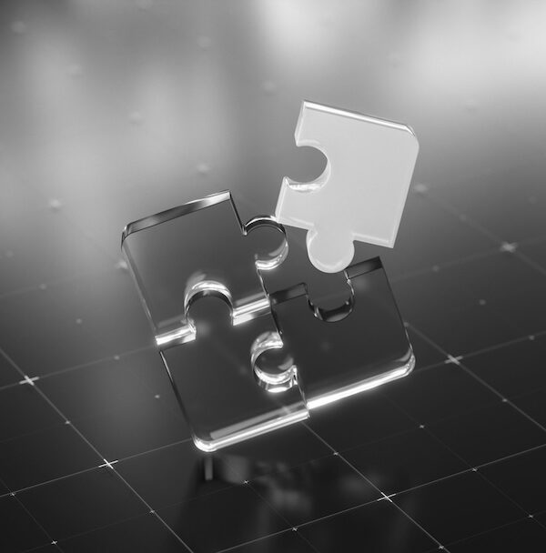 Abstract Digital Puzzle Pieces on a Futuristic Grid Background A transparent digital puzzle pieces with 1 unique are hovers above a futuristic grid background, symbolizing innovation and connection. Perfect for depicting technology, teamwork, and problem-solving concepts in a modern context.